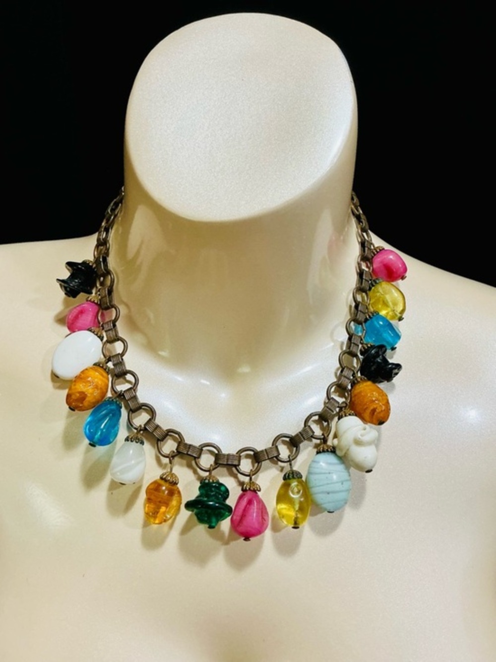 Multicolor Chunky Textured Glass Charm Pendant Necklace EUC Collectible- READ